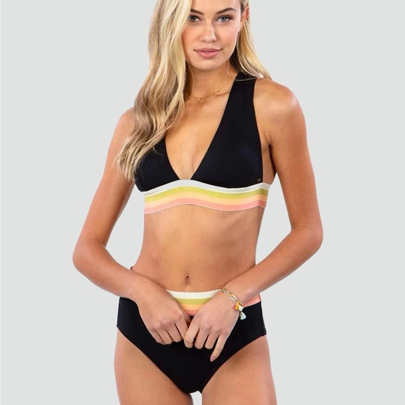 Retro-inspired black bikini set with pastel multi stripe detail - size Small (S) - Picture 1 of 5